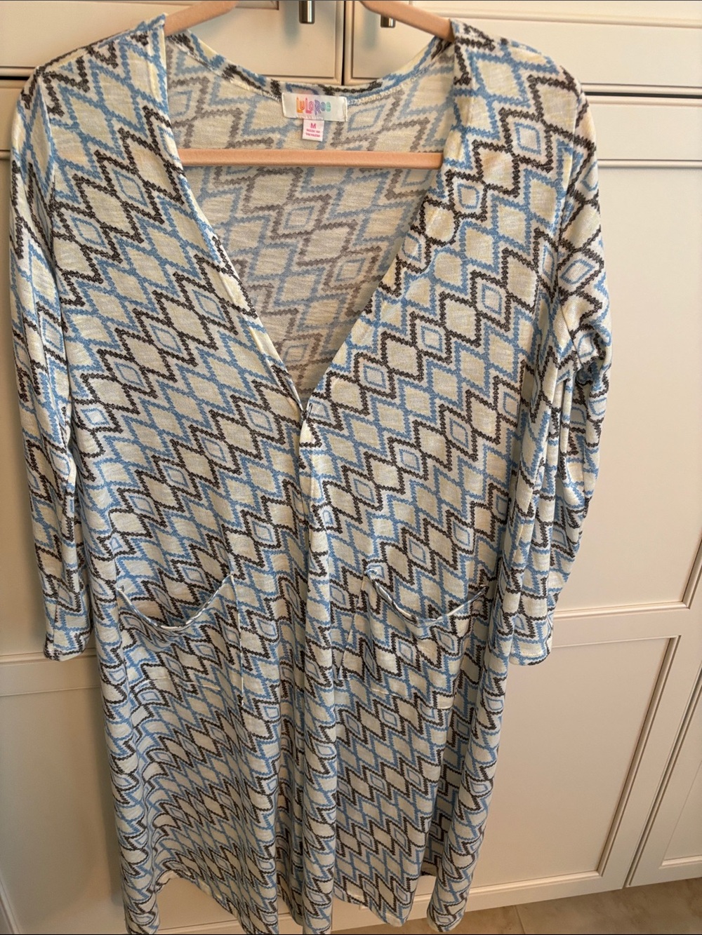 LuLaRoe Women’s Long Sleeve Dress in Light Blue, Cream and Gray Geometric Print